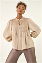 Stone Satin Pleated Tie Neck Top, Image 2 of 7