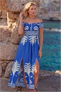 Royal Blue Leaf Print Shirred Bardot Dress, Image 2 of 4