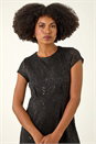 Black Sequin Fluted Hem Lace Stretch Dress, Image 5 of 6