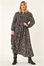 Purple Curve Abstract Print Shirred Midi Dress, Image 2 of 5