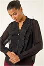 Black Ruffle Front V-Neck Blouse, Image 4 of 5