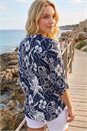 Navy  Textured Floral Print V-Neck Stretch Shirt, Image 2 of 4
