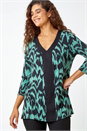 Green Abstract Print V-Neck Stretch Top , Image 1 of 5