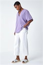 Lilac Textured Cotton Relaxed V-Neck T-Shirt, Image 2 of 6