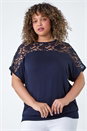 Navy  Curve Lace Yoke Stretch Bubble Hem Top, Image 2 of 5