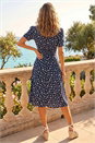 Navy  Polka Dot Ruched Sleeve Midi Dress, Image 3 of 4