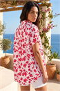 Red Floral Pleat Front Relaxed Overshirt, Image 3 of 4