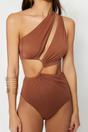 Brown One Shoulder Cut Out Detail Swimsuit, Image 2 of 3
