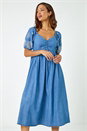 Light Denim Cotton Embroidered Midi Dress, Image 4 of 6
