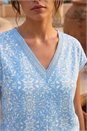 Blue Petite V-Neck Trim Stretch Top, Image 4 of 4