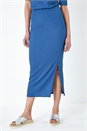 Denim Textured Stretch Midi Elastic Waist Skirt, Image 1 of 5
