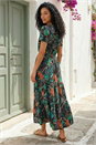 Black Leaf Print V-Neck Tiered Midi Dress , Image 2 of 4