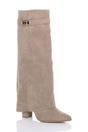 Khaki AJVANI Khaki High Block Heel Pointed Toe Fold Over Knee Boots, Image 2 of 4