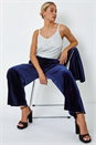 Midnight Blue Velvet Elastic Waist Wide Leg Trousers, Image 6 of 6