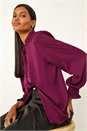 Plum Ruffle Front Tie Neck Blouse, Image 2 of 6