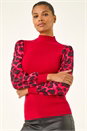 Red Animal Print Mesh Sleeve Knit, Image 2 of 5