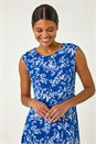 Royal Blue Floral Print Gathered Side Midi Dress, Image 4 of 5