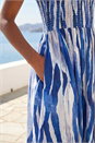 Blue Wave Print Shirred Midi Dress, Image 4 of 4