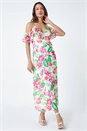 Ivory Floral Print Cold Shoulder Chiffon Midi Dress, Image 1 of 5