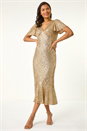 Gold Sequin Frill Hem Midi Dress, Image 2 of 5
