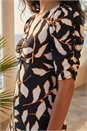 Black Ditsy Leaf Ruched Puff Sleeve Dress, Image 4 of 4