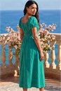 Jade Green Puff Sleeve Linen Blend Midi Dress, Image 3 of 4