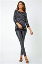 Silver Glitter Rose Print Layered Stretch Top, Image 2 of 5
