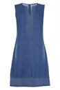 Blue V-Neck Denim Shift Dress, Image 3 of 3