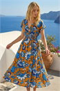 Orange Floral Print Shirred Midi Dress, Image 3 of 4