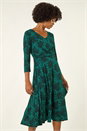 Teal Speckled Print Wrap Bodice Midi Dress, Image 2 of 5