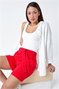 Red Textured Elastic Tie Waist Cotton Shorts, Image 1 of 7