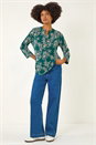 Teal Floral Puff Print Stretch Top, Image 2 of 5