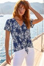 Navy Textured Floral Print Tie Front Top, Image 1 of 4