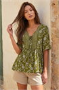 Olive Floral Print Tassel Tunic Top, Image 2 of 4