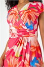 Coral Petite Ruched Floral Wrap Dress, Image 5 of 5