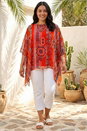 Red Curve Ikat Paisley Asymmetric Overlay Top, Image 1 of 4