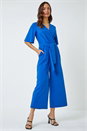 Royal Blue Angel Sleeve Cropped Wrap Jumpsuit, Image 5 of 6