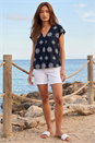 Navy  Embroidered V-Neck Pleat Top, Image 2 of 4