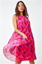 Cerise High Neck Abstract Pleated Swing Dress, Image 1 of 5