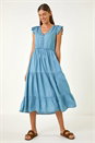 Light Denim Tiered Frill Sleeve Midi Dress , Image 2 of 5