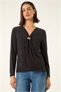 Black V-Neck Metal Trim Stretch Top, Image 2 of 5