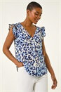 Blue Animal Print Frill Sleeve Blouse, Image 1 of 5