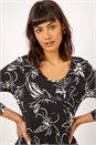 Black Linear Floral Print Hanky Hem Top , Image 4 of 5