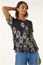 Black Floral Print Pleated Short Sleeve Top, Image 1 of 5