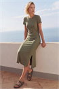 Khaki Ribbed Stretch Midi Dress, Image 1 of 4