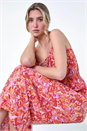 Orange Floral Print Shirred Midi Dress, Image 1 of 5