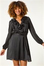 Black Satin V-Neck Ruffle Dress, Image 2 of 6