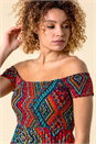 Multi  Shirred Aztec Print Bardot Dress, Image 3 of 4