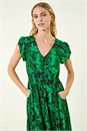 Green Tropical Leaf Print V-Neck Midi Dress, Image 4 of 5
