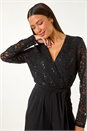 Black Sequin Lace V-Neck Stretch Jumpsuit, Image 4 of 5
